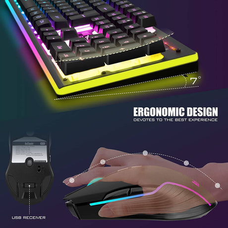 RedThunder K10 Combo de teclado y mouse inalámbricos para juegos, batería recargable con retroiluminación LED de 3800 mAh, teclado mecánico anti-fantasma + ratones 7D 3200DPI para PC Gamer (negro)