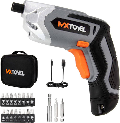MXTOVEL 4V Kit de destornillador inalámbrico 2.0Ah Juego de destornilladores eléctricos recargables Pistolas de tornillo eléctrico Destornillador de batería para el hogar con 18 puntas y soporte para puntas, luz LED, cable USB, bolsa de transporte - DIGVICE MX