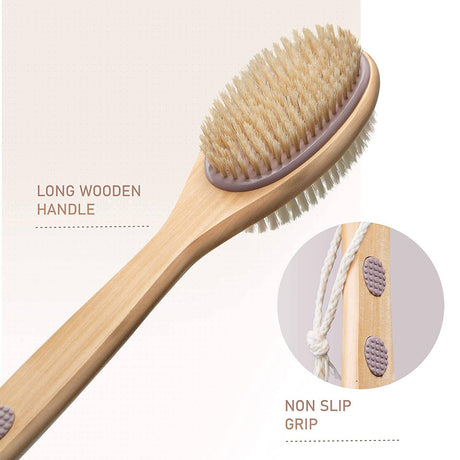 MainBasics - Cepillo para ducha de baño con mango largo de doble cara, exfoliante corporal para la espalda