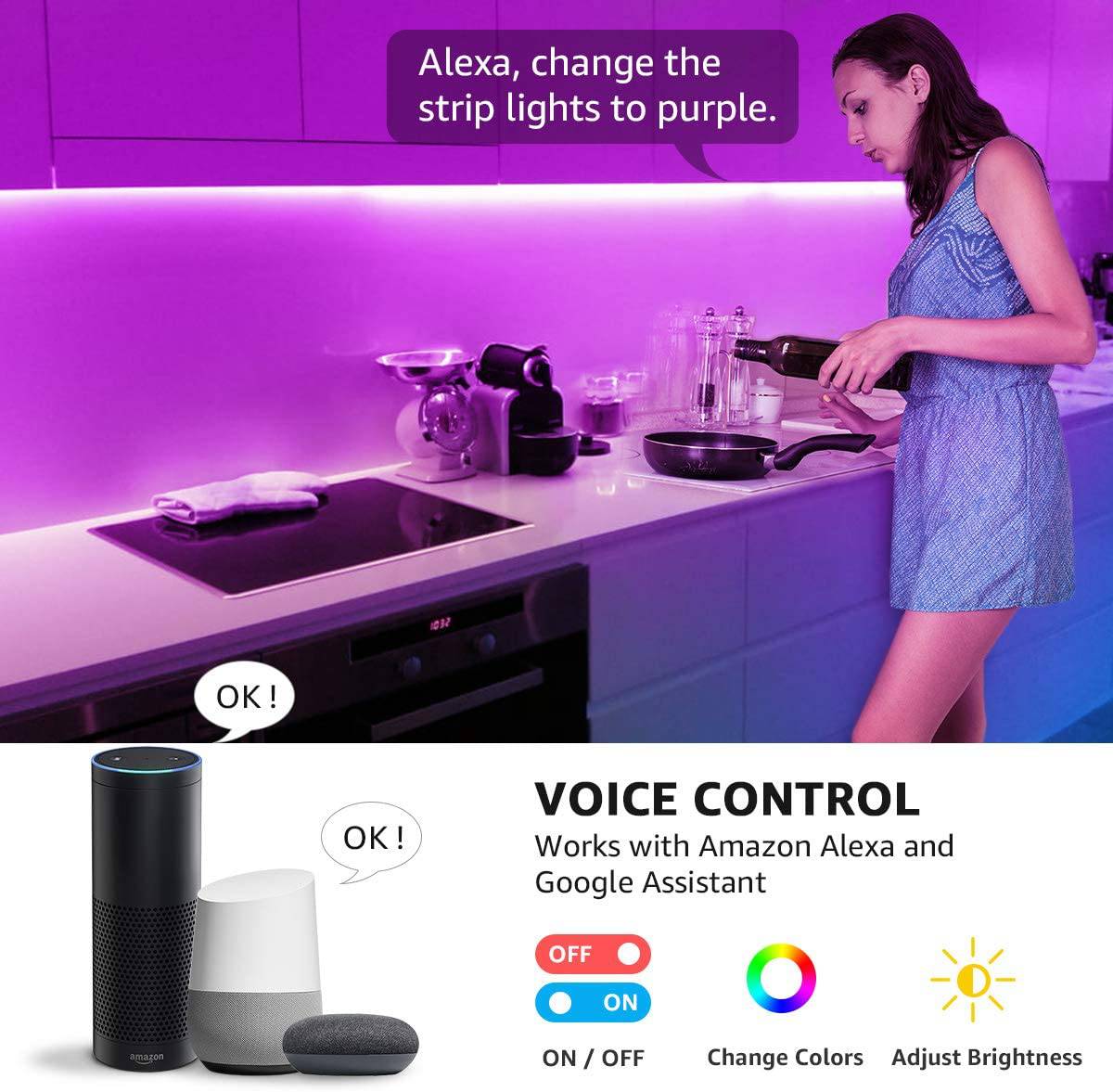 LE LED Tira de luces, WiFi Smart 32.8 pies tiras LED que cambian de color, SMD 5050 LED cuerda de luz, aplicación y control remoto, cinta de luz para dormitorio, hogar y cocina - DIGVICE MX