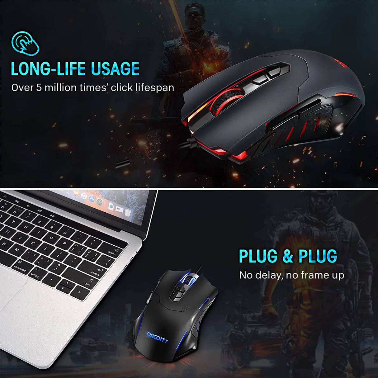 Dacoity - Ratón para juegos con cable, ratón para juegos de PC Gamer Mouse RGB LED 7200 DPI 7 botones programables Plug Play  - Negro
