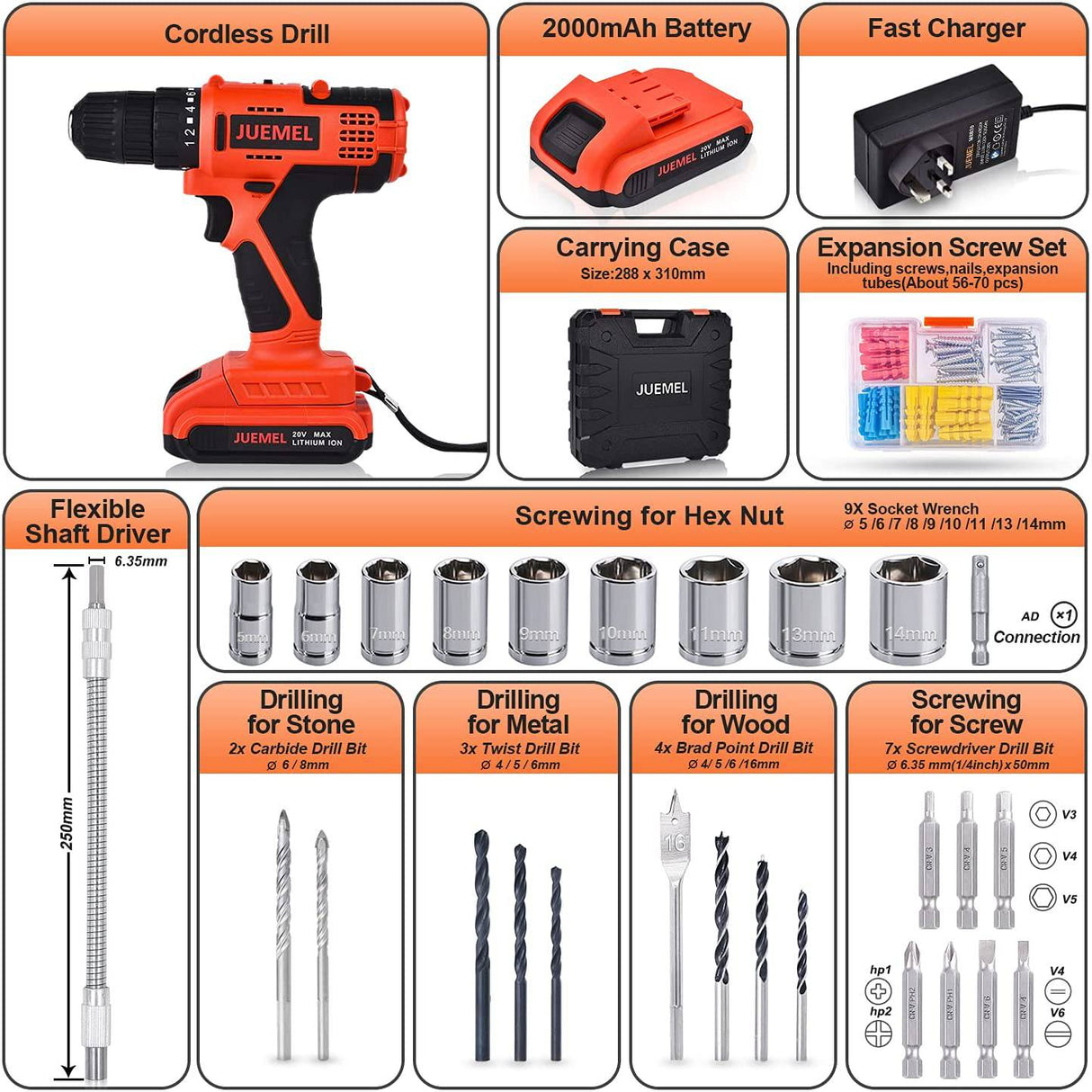 JUEMEL- Taladro inalámbrico de 20 V con 100 accesorios, juego de taladro eléctrico portátil, gatillo variable de 2 velocidades, mandril sin llave de 3/8", embrague 18+1 y batería de iones de litio de 2 Ah - DIGVICE MX