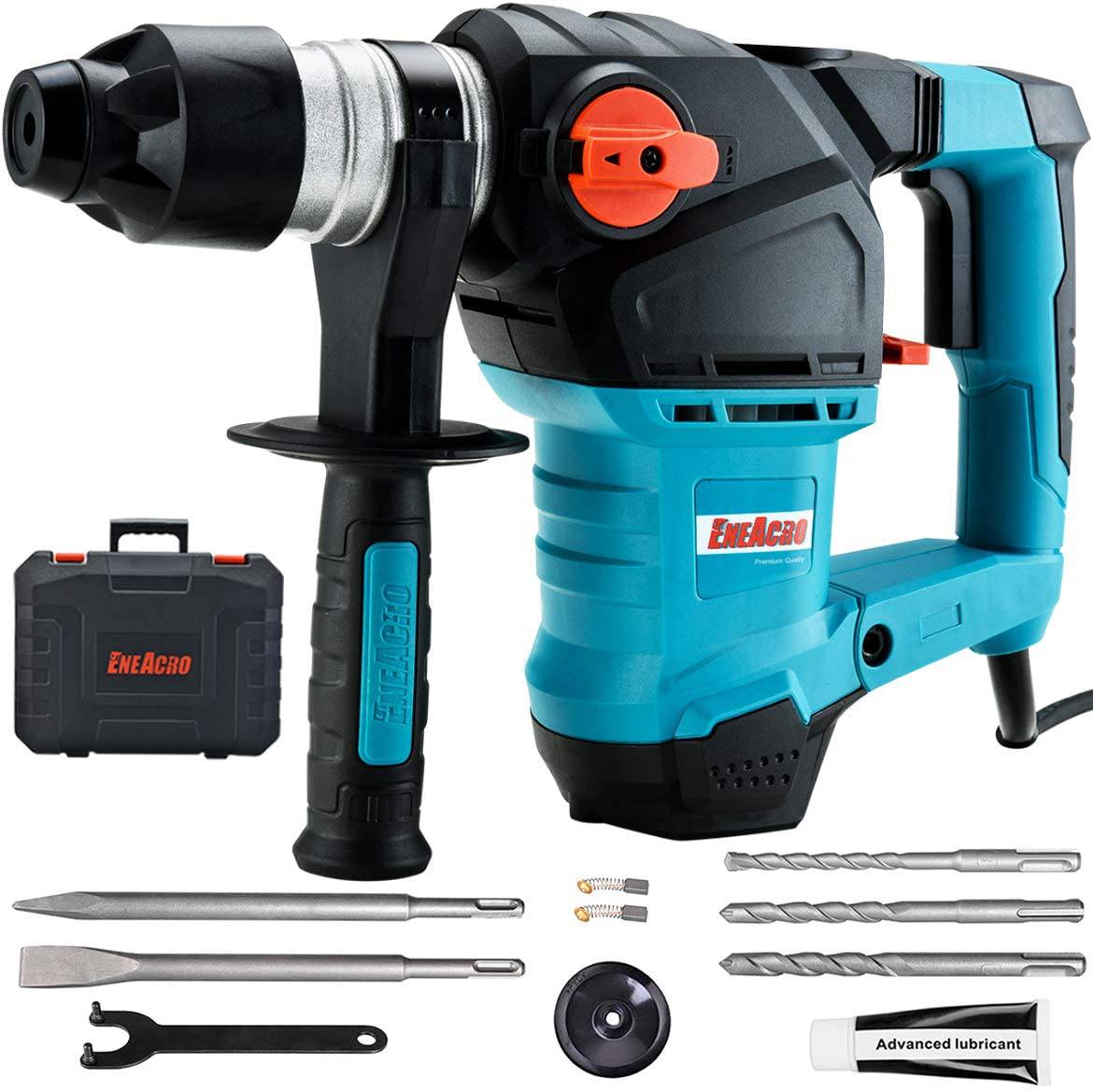 ENEACRO Taladro de martillo giratorio de 1-1/4 pulgadas SDS-Plus de 12.5 amperios, embrague de seguridad 3 funciones con control de vibración incluyendo grasa, cinceles y brocas con estuche - DIGVICE MX