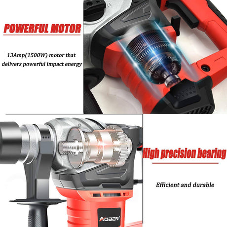 AOBEN Taladro percutor giratorio SDS-Plus de 1-1/4 pulgadas con control de vibración y embrague de seguridad, martillo de demolición resistente de 13 amperios para concreto, incluye 3 brocas, cinceles planos, cinceles de punta. - DIGVICE MX