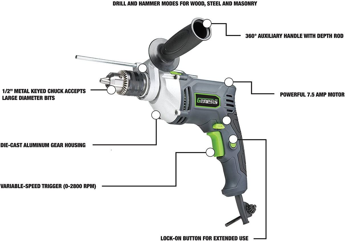 Genesis GHD1275 Taladro de martillo reversible de velocidad variable de 7,5 amperios con llave de mandril ajustable, mango de control lateral, botón de bloqueo, mango auxiliar de 360° y medidor de profundidad - DIGVICE MX
