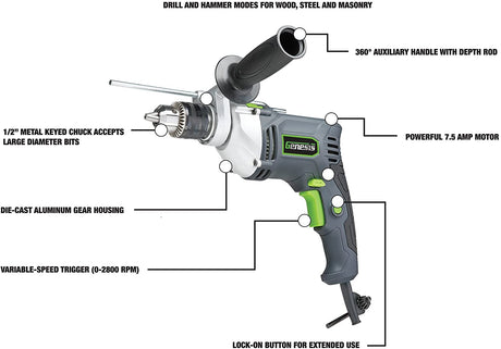 Genesis GHD1275 Taladro de martillo reversible de velocidad variable de 7,5 amperios con llave de mandril ajustable, mango de control lateral, botón de bloqueo, mango auxiliar de 360° y medidor de profundidad - DIGVICE MX