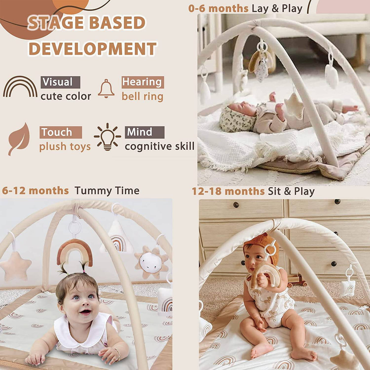 Mallify - Centro de actividades de gimnasio para bebés lavable con tapete de juego, tapetes de desarrollo temprano arcoíris, 6 juguetes para bebés y niños pequeños, más grandes, antideslizantes - DIGVICE MX