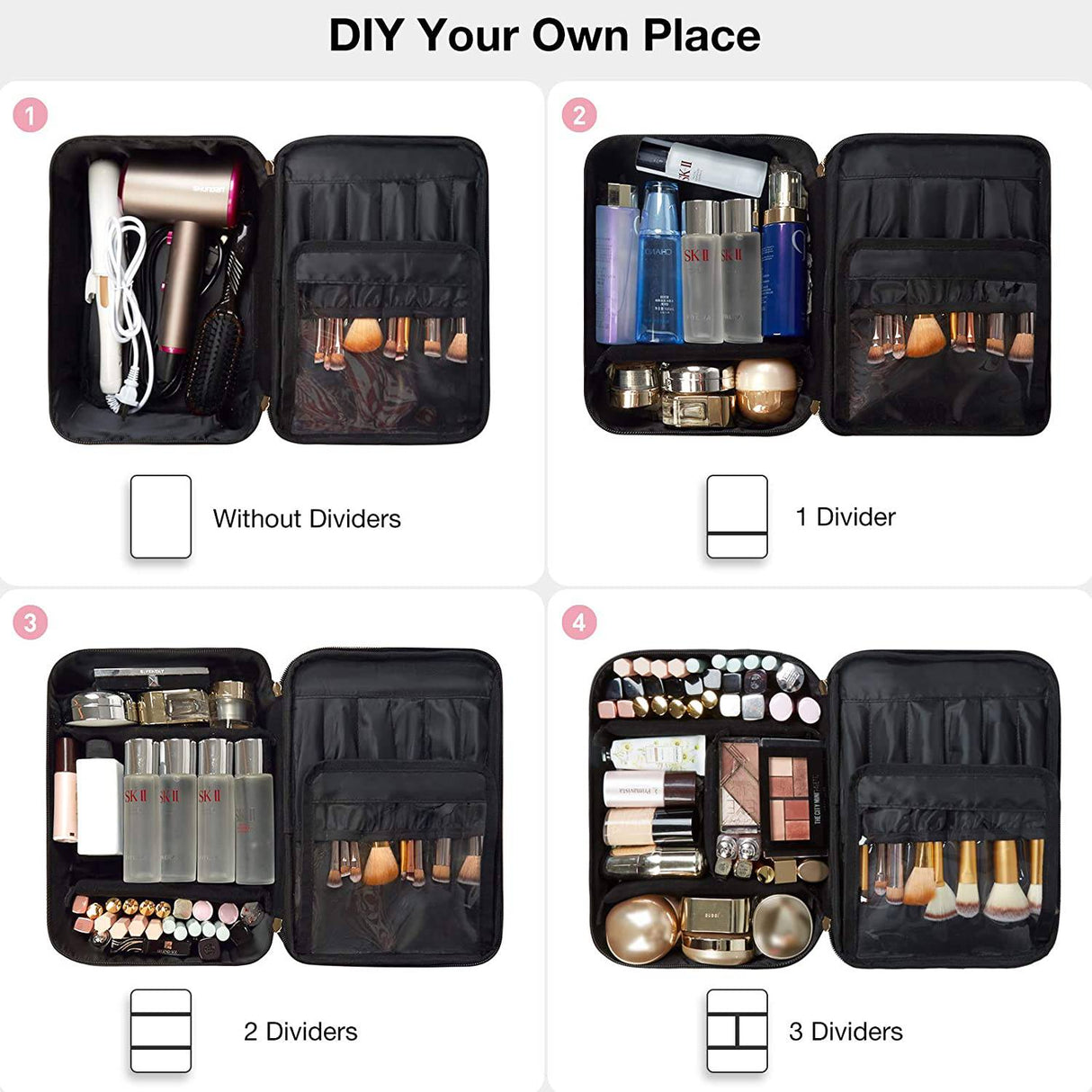 BAGSMART - Bolsa de maquillaje grande, estuche de viaje con bolsa de aseo transparente, organizador de maquillaje de doble capa con divisores ajustables, bolsa de almacenamiento portátil para artistas, rayas de cuero negro y rosa