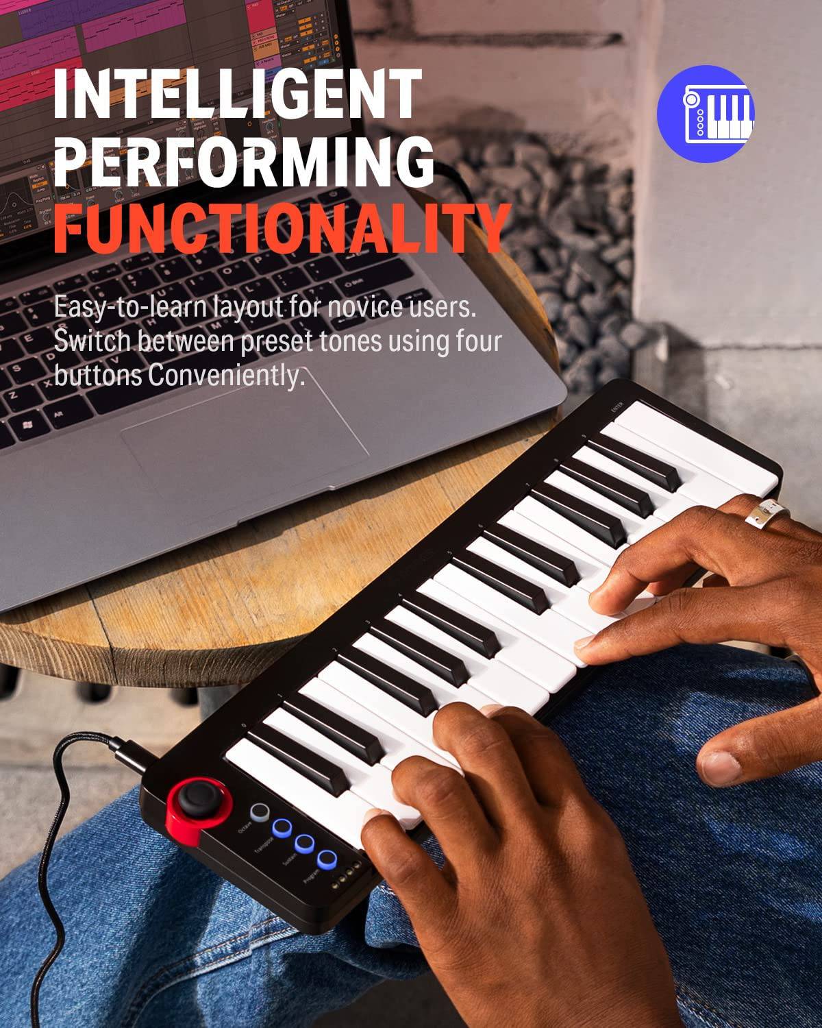 Donner - Controlador de teclado MIDI USB de 25 teclas, Donner N-25 con teclas sensibles a la velocidad y balancín iluminado para iPhone, iPad, Mac y PC, teclado MIDI portátil pequeño