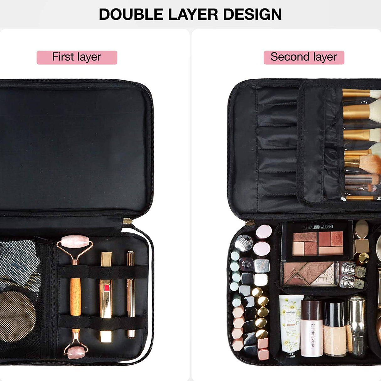 BAGSMART - Bolsa de maquillaje grande, estuche de viaje con bolsa de aseo transparente, organizador de maquillaje de doble capa con divisores ajustables, bolsa de almacenamiento portátil para artistas, rayas de cuero negro y rosa
