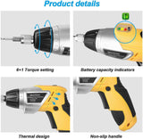Destornillador eléctrico inalámbrico, NOUVCOO 47 piezas de pistolas de tornillo recargables con luces LED integradas, 7 ajustes de par, batería de iones de litio de 3,6 V 1300 mAh, accesorios completos para bricolaje doméstico, amarillo - DIGVICE MX