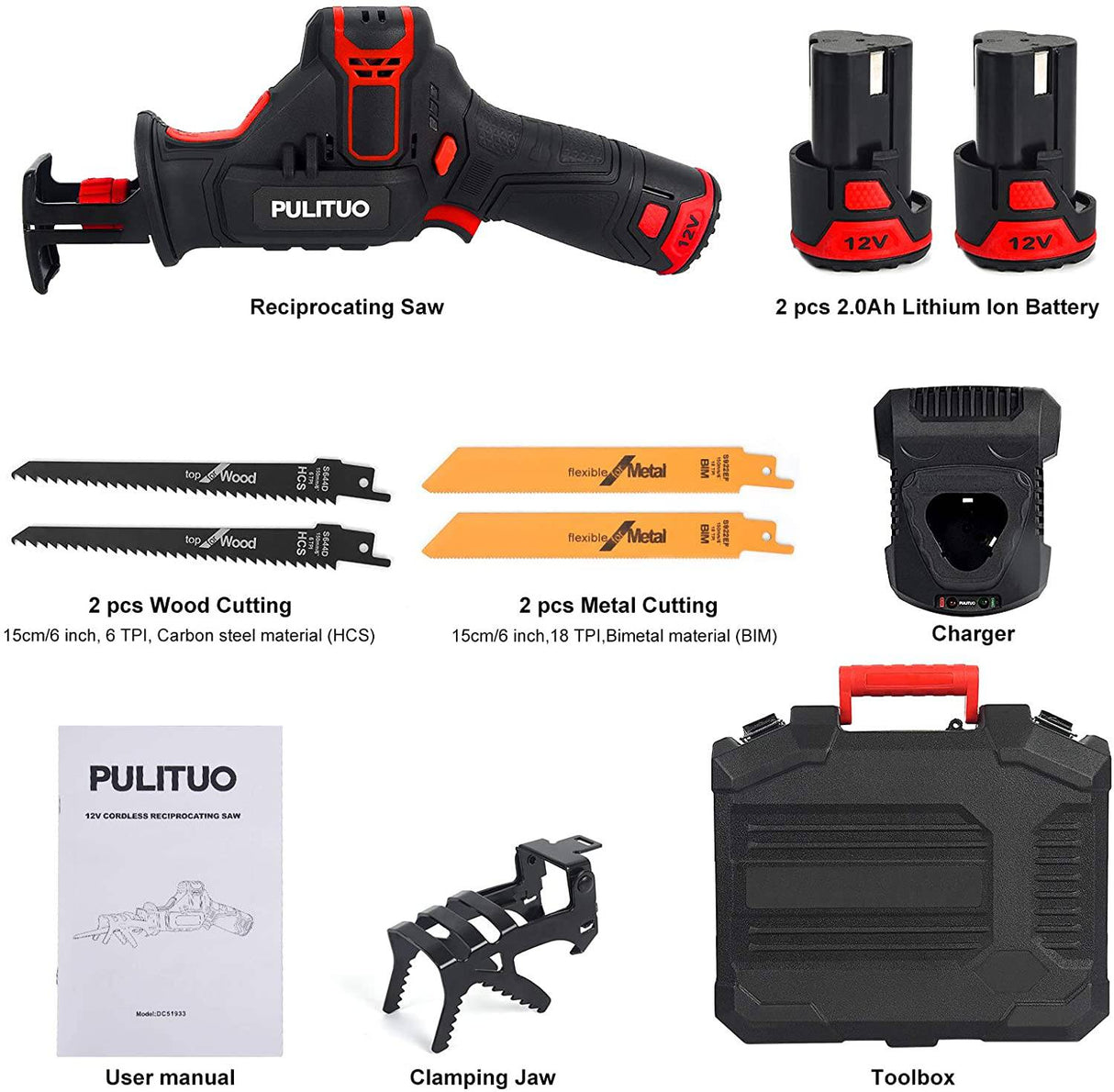 Sierra recíproca inalámbrica PULITUO de 12 V con mordaza de sujeción, 2 baterías de iones de litio de 2,0 Ah, cargador rápido de 1 hora, 4 hojas de sierra para corte de PVC de madera y metal - DIGVICE MX