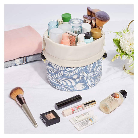 Narwey - Bolsa de maquillaje de barril, de viaje con cordón, organizador de artículos de tocador grande, resistente al agua para mujeres y niñas (hoja grande, azul)