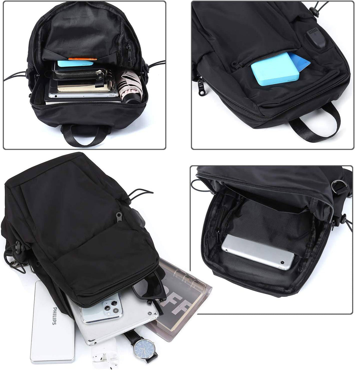 SEAFEW - Mochila pequeña negra con bandolera para hombres y mujeres, mochila ligera con una correa, puerto de carga USB, nailon