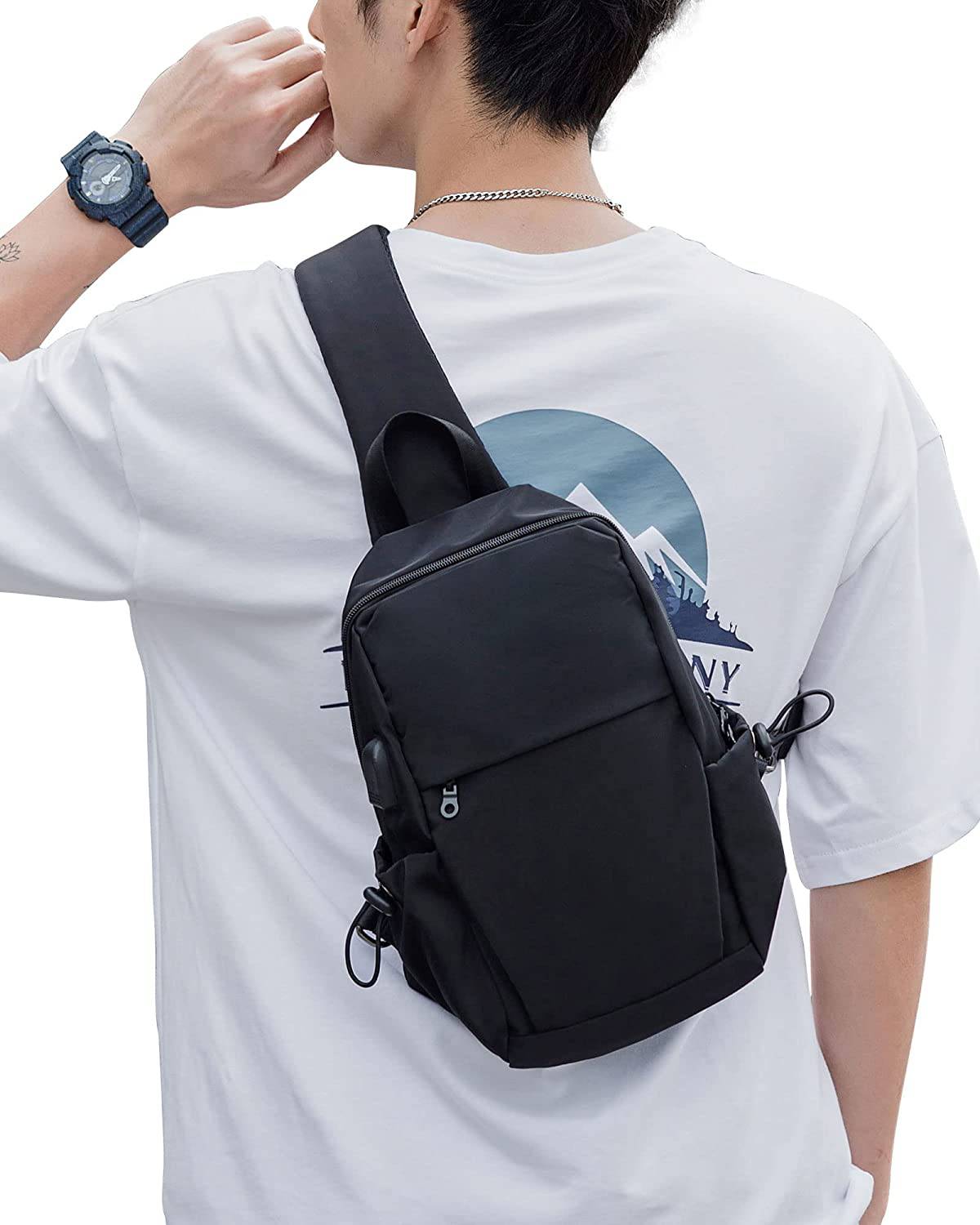 SEAFEW - Mochila pequeña negra con bandolera para hombres y mujeres, mochila ligera con una correa, puerto de carga USB, nailon