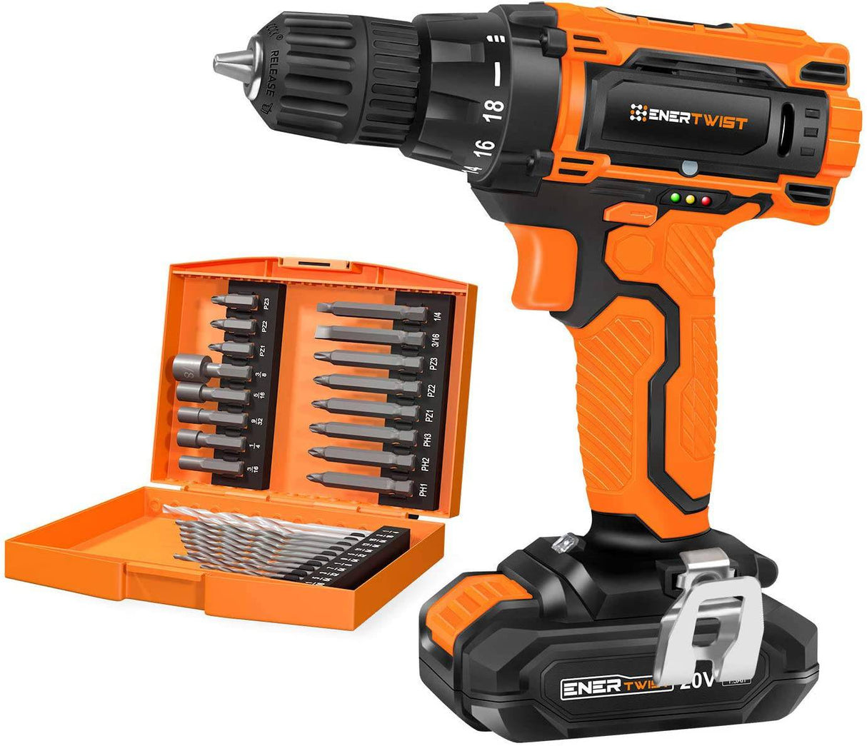 EnerTwist Taladro inalámbrico de 20 V máx., juego de taladro eléctrico de 3/8 pulgadas con batería de iones de litio y cargador, velocidad variable, 19 posiciones y 28 piezas Taladro/Kit de accesorios para conductor/taladro, ET-CD-20 - DIGVICE MX