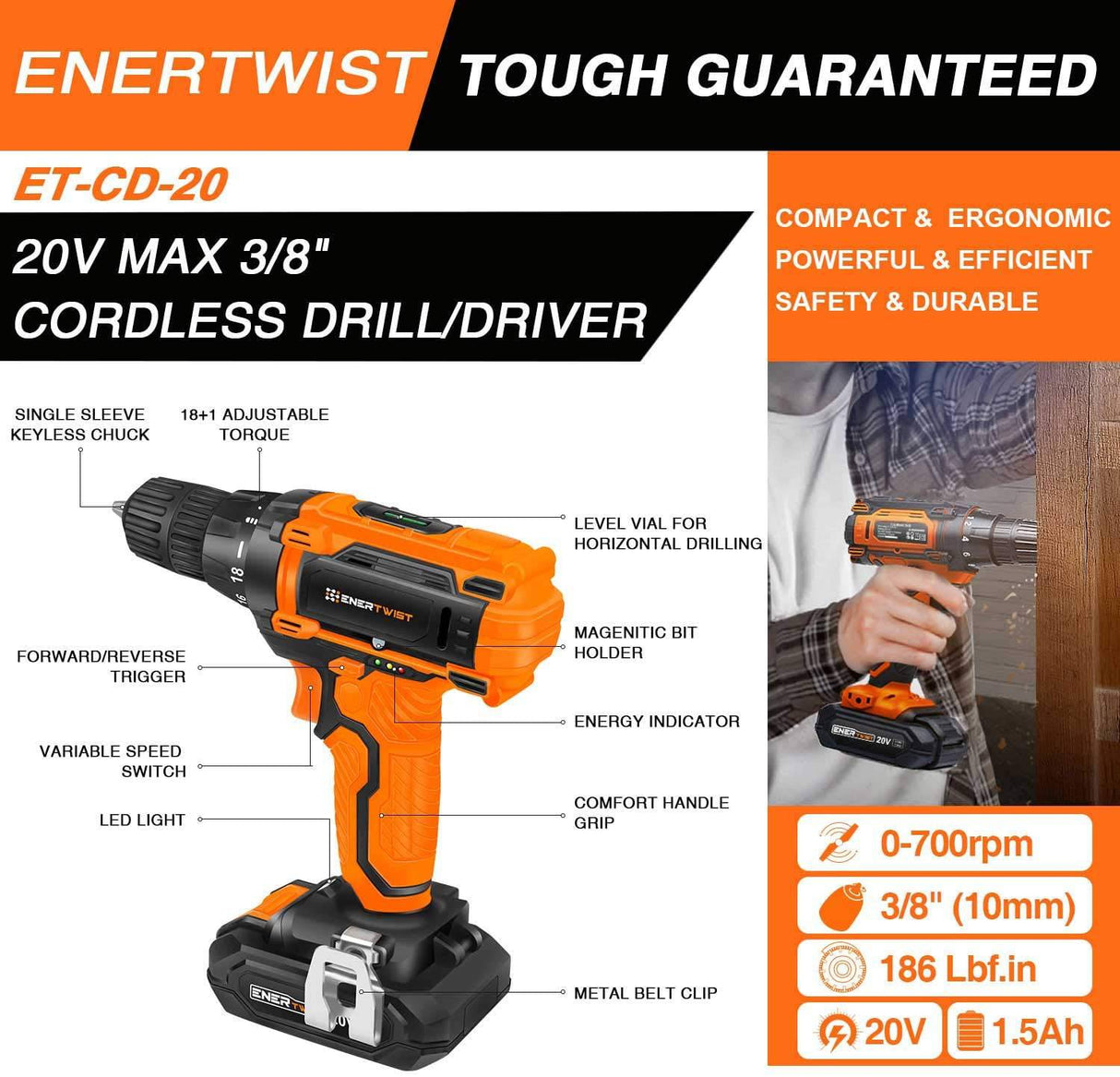 EnerTwist Taladro inalámbrico de 20 V máx., juego de taladro eléctrico de 3/8 pulgadas con batería de iones de litio y cargador, velocidad variable, 19 posiciones y 28 piezas Taladro/Kit de accesorios para conductor/taladro, ET-CD-20 - DIGVICE MX