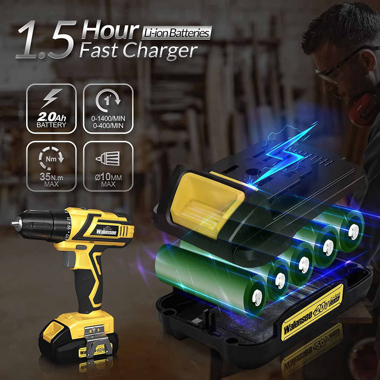 Walensee Juego de brocas inalámbricas de 20 V, taladro eléctrico con control de velocidad variable, taladro de impacto con batería y cargador rápido, accesorios de 32 puntas sin llave, kit de herramientas de destornillador eléctrico para el hogar - DIGVICE MX
