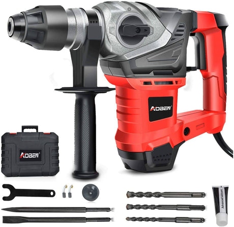 AOBEN Taladro percutor giratorio SDS-Plus de 1-1/4 pulgadas con control de vibración y embrague de seguridad, martillo de demolición resistente de 13 amperios para concreto, incluye 3 brocas, cinceles planos, cinceles de punta. - DIGVICE MX