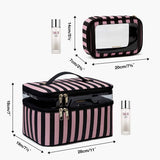 BAGSMART - Bolsa de maquillaje grande, estuche de viaje con bolsa de aseo transparente, organizador de maquillaje de doble capa con divisores ajustables, bolsa de almacenamiento portátil para artistas, rayas de cuero negro y rosa