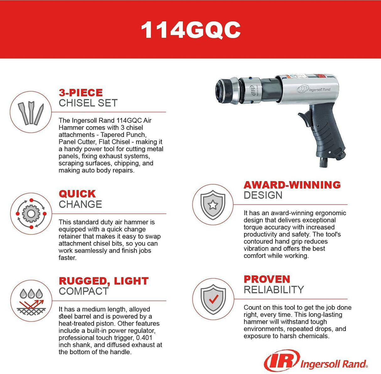 Ingersoll Rand 114GQC Martillo neumático - Juego de cinceles de 3 piezas con punzón cónico, cortador de paneles, cincel plano, carrera de 2-5/8 pulgadas, 3500 BPM, liviano, compacto, gris - DIGVICE MX
