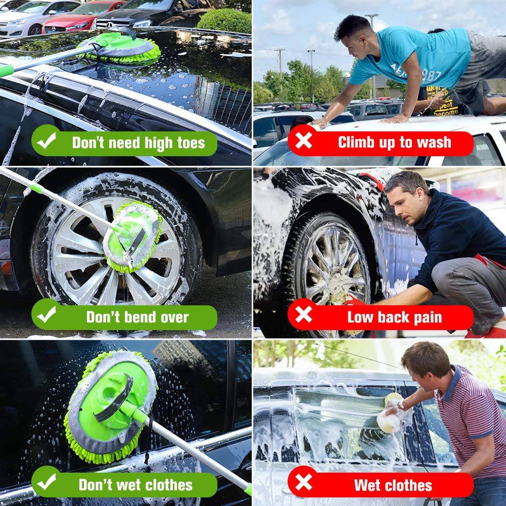 ORDENADO - 2 en 1 Chenille Microfiber Car Wash Brush Mop Mitt con mango largo de aluminio de 45 ", kit de limpieza de automóviles Brush Duster