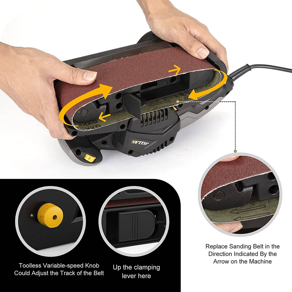 Lijadora de banda Jellas de 3 × 21 pulgadas con bolsa para el polvo, lijadora de 7 amperios con control de velocidad variable, adaptador de aspiradora 2 en 1, cable de alimentación de 10 pies (3 metros) de longitud BS750-SD - DIGVICE MX
