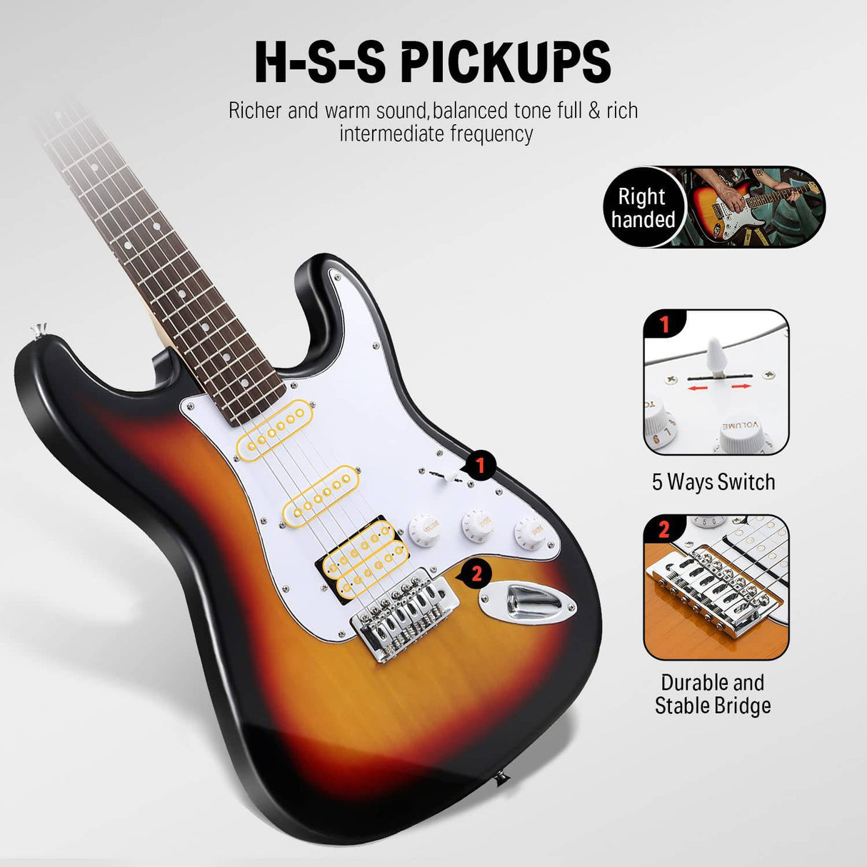 Donner DST-100S Kit de guitarra eléctrica de tamaño completo de 39 pulgadas Sunburst de cuerpo sólido, principiantes, con amplificador, bolsa, capo, correa, cuerda, sintonizador, cable, púas