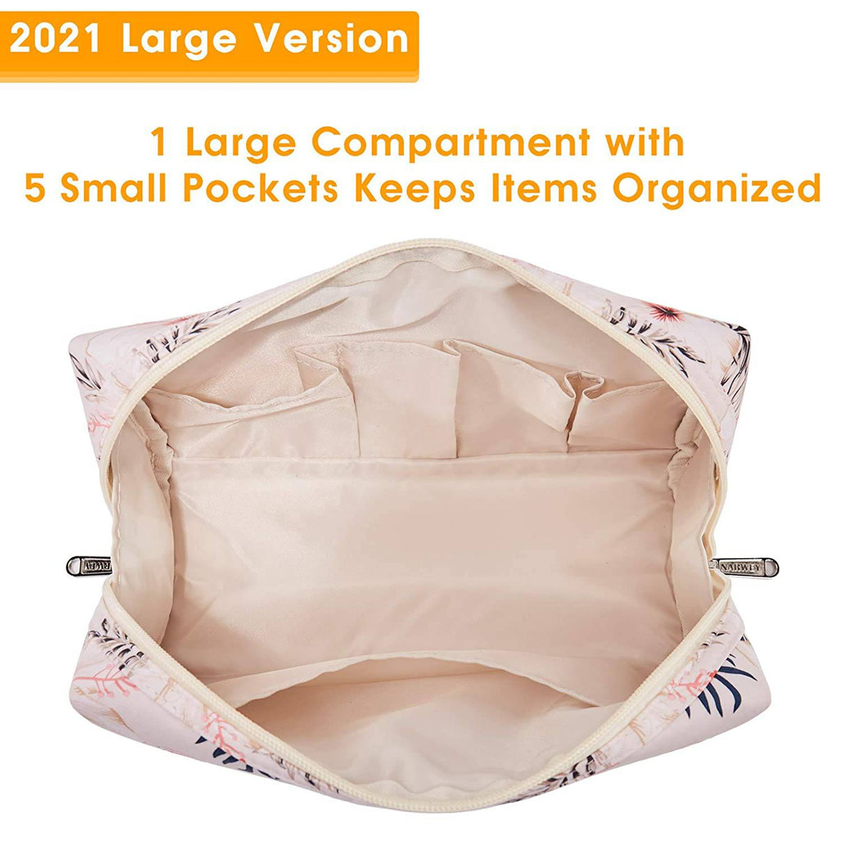 NARWEY - Bolsa de maquillaje grande con cremallera, organizador de cosméticos de viaje para mujeres y niñas (grande, pájaro beige)
