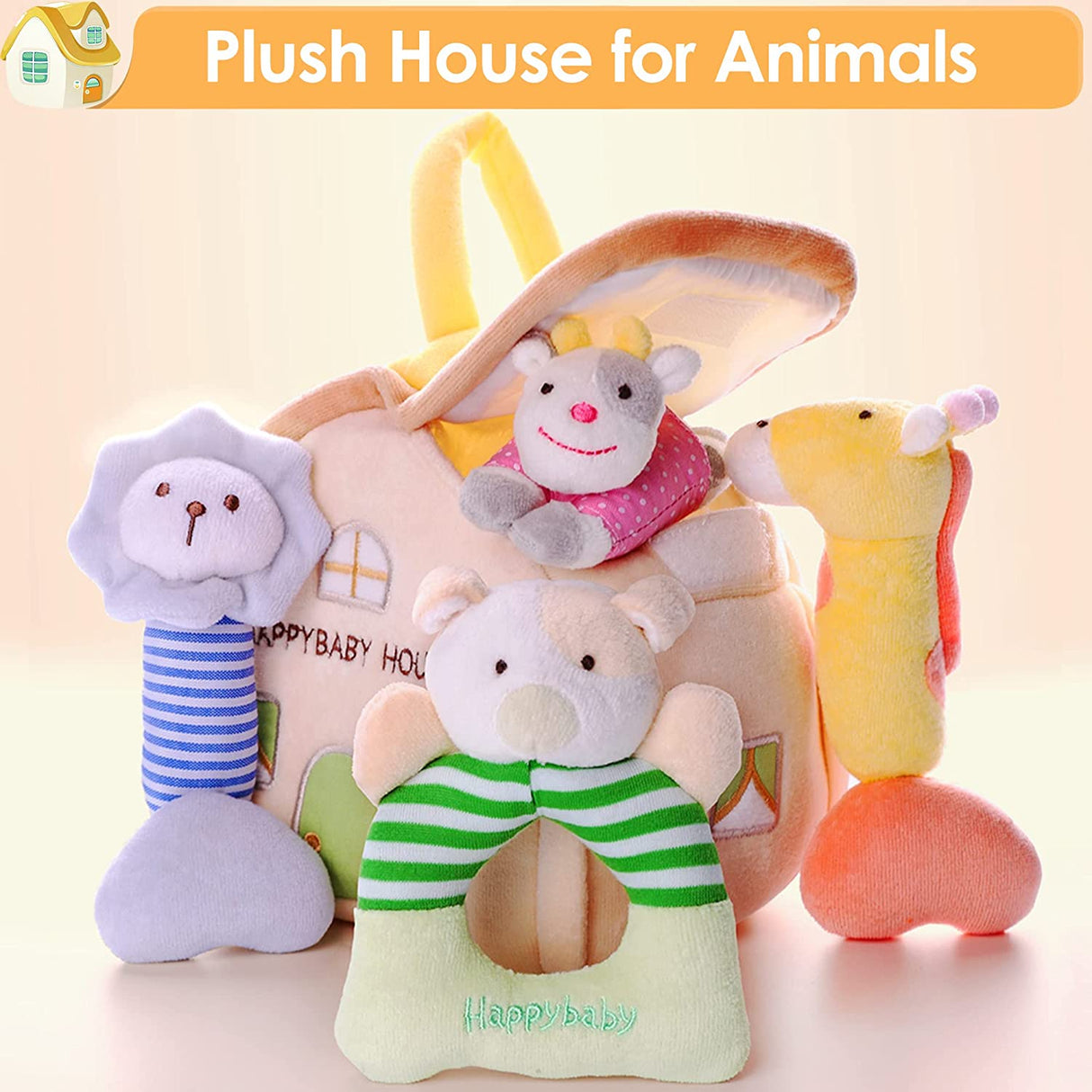 iPlay, iLearn 4 juguetes de peluche para bebé con sonajero suave, agitador sensorial de mano, juego de animales de peluche de granja - B077PS65DG