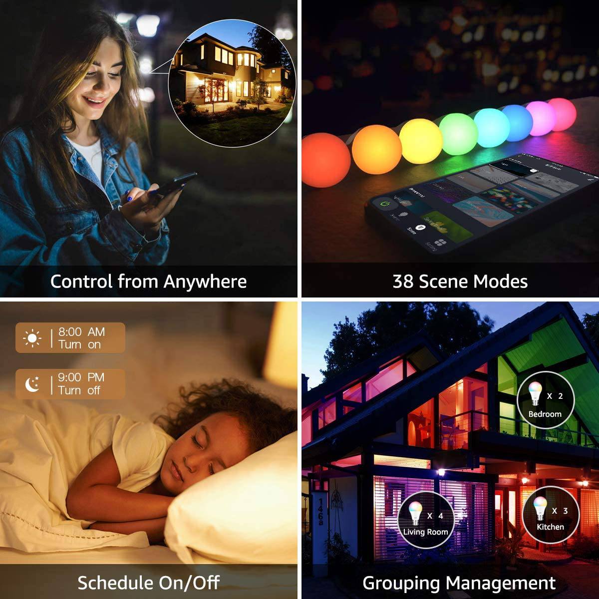LEPRO - Bombillas WiFi inteligentes, luces LED que cambian de color, funciona con Alexa y Google Assistant, RGBW 2700K-6500K, equivalente a 60 W, regulable con aplicación, A19 E26, no requiere concentrador, solo WiFi de 2,4 GHz, paquete de 4 - DIGVICE MX