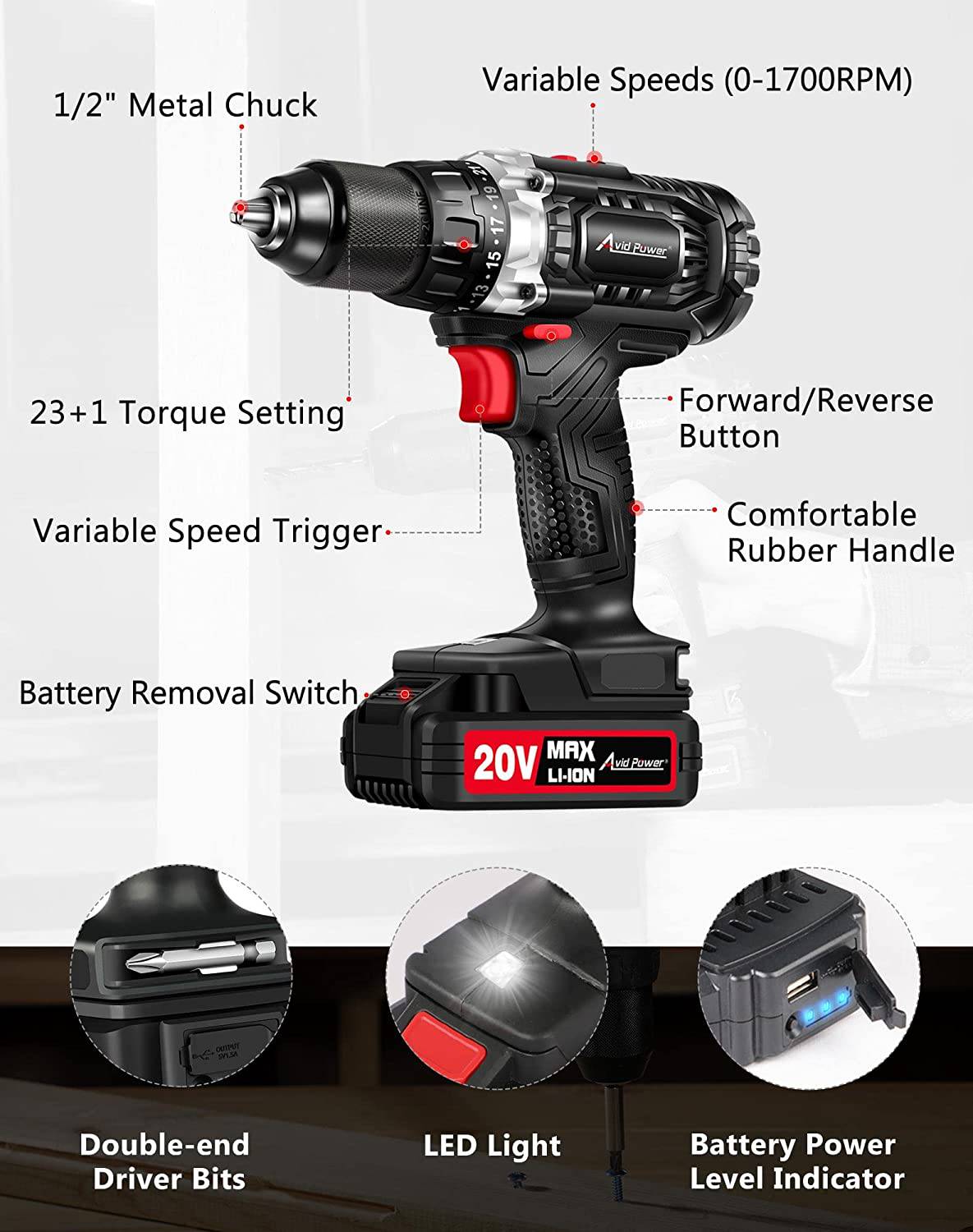 AVID POWER Juego de brocas eléctricas inalámbricas de 20 V con batería y cargador rápido, velocidad variable, ajuste de par 23+1, kit de taladro de accesorios de 23 piezas - DIGVICE MX