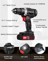AVID POWER Juego de brocas eléctricas inalámbricas de 20 V con batería y cargador rápido, velocidad variable, ajuste de par 23+1, kit de taladro de accesorios de 23 piezas - DIGVICE MX