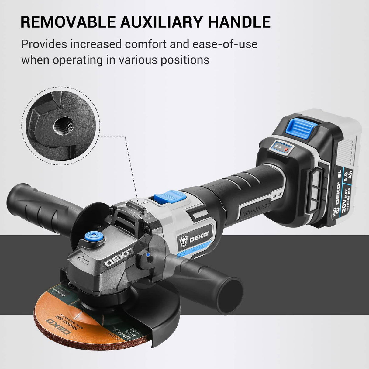DEKOPRO Herramienta de amoladora angular, almohadilla de 4-1/2"/5",  inalámbrica de 20 V con batería y cargador de 4,0 Ah, motor sin escobillas de 3000/8500 RPM, 2 ruedas de molienda y corte, herramienta de batería para madera de metal - DIGVICE MX