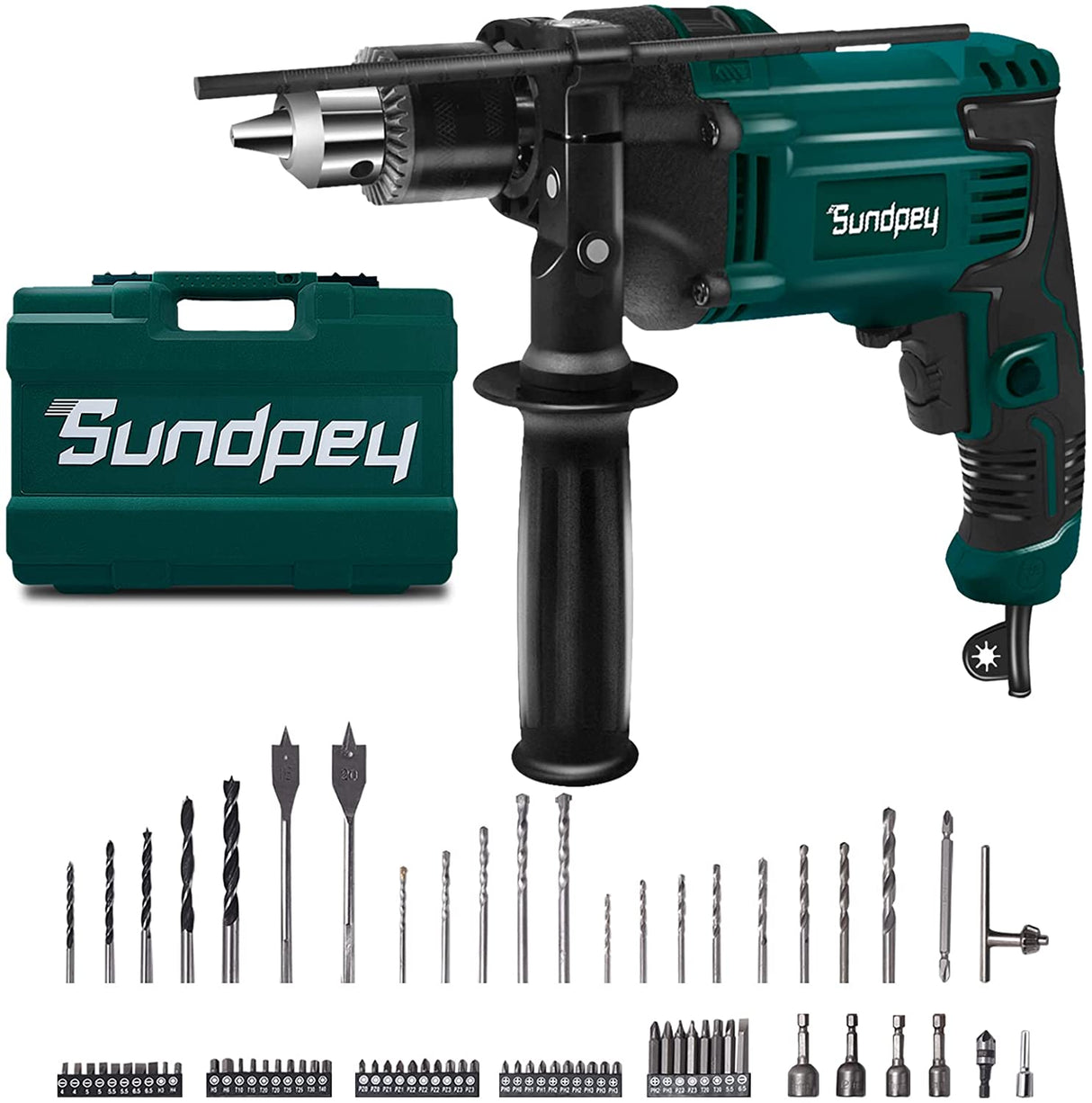 Sundpey Taladros eléctricos con cable - 1/2 pulgada 710W Velocidad variable 0-2800rpm Juego de 80 piezas Taladro de impacto con cable Dos modos Manija giratoria Medidor de profundidad para mejorar el hogar Construcción Concreto - DIGVICE MX