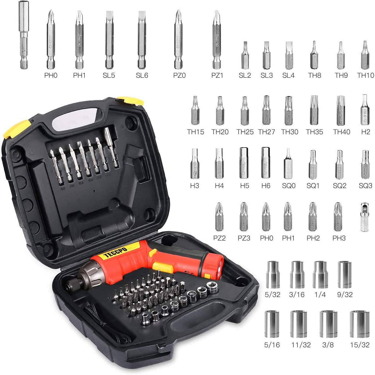 Destornillador inalámbrico, destornillador eléctrico de 6 Nm, 4 V 2000 mAh, con 45 accesorios, 9 + 1 engranajes de par, mango ajustable de 2 posiciones con LED, USB recargable - DIGVICE MX
