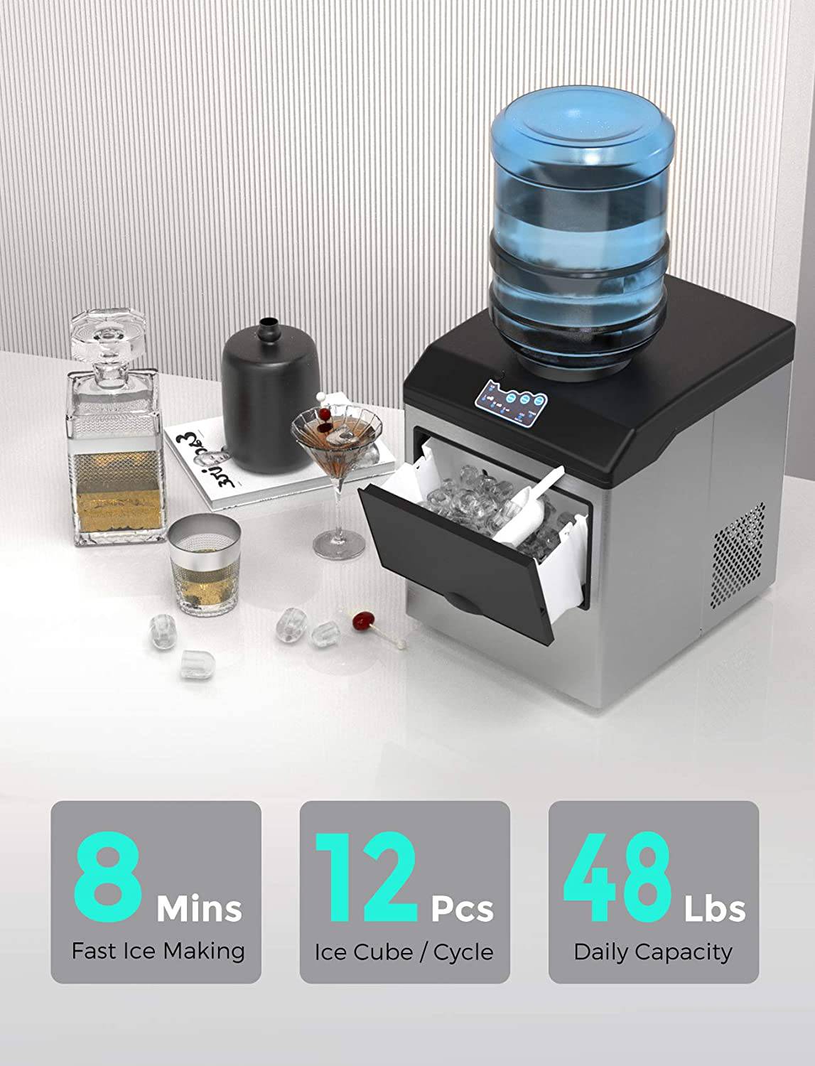 SOUKOO  - Fabricadora de hielo 2 en 1, fabricantes de cubitos de hielo diarios de 48 libras, acero inoxidable - DIGVICE MX