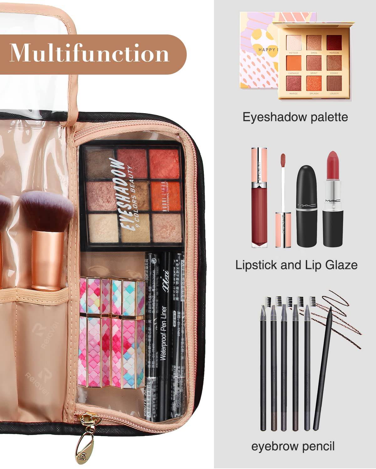 Relavel - Estuche para brochas de maquillaje Estuche para brochas de maquillaje, Estuche de cuero negro con bolsa transparente pequeña