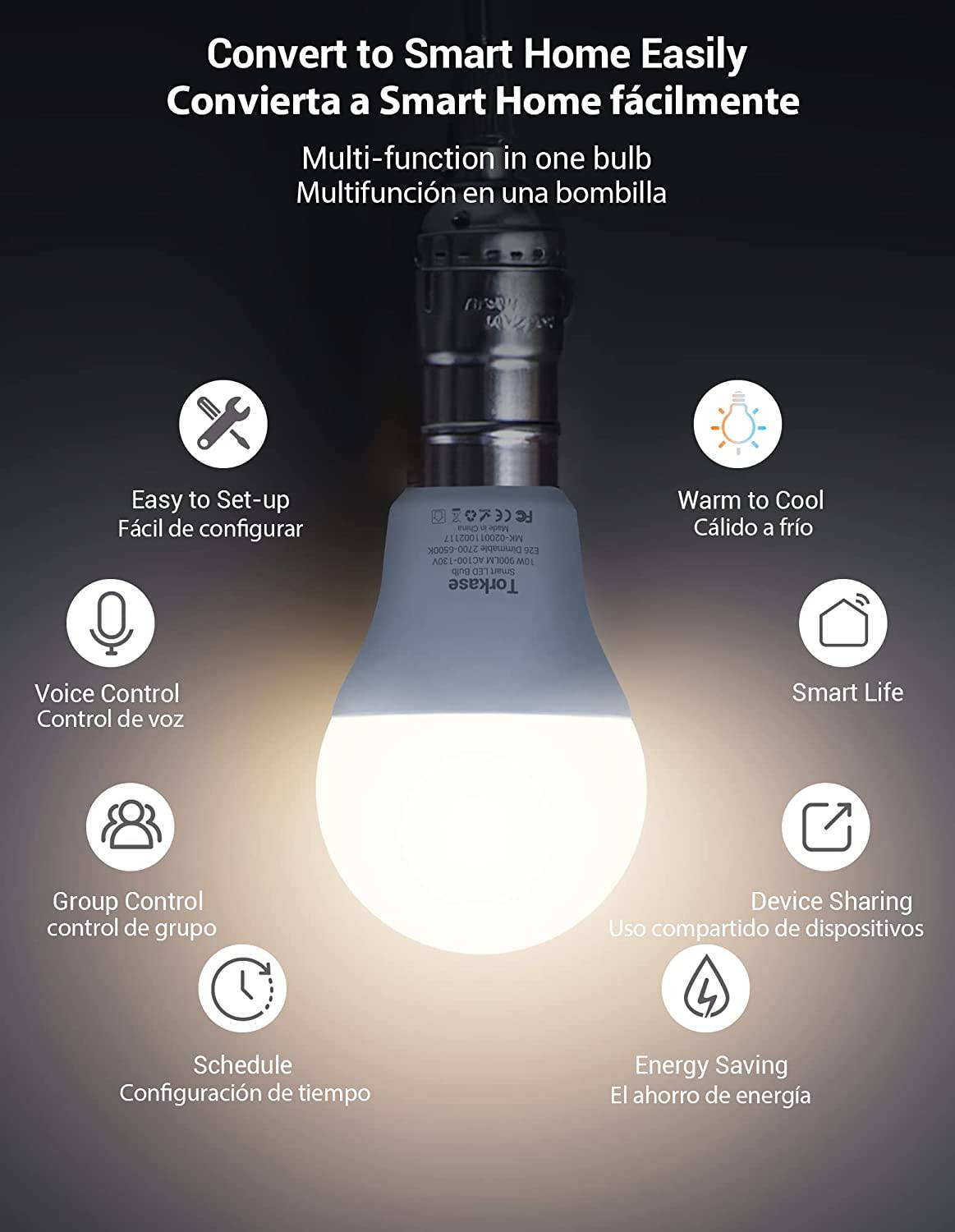 TORKASE - Las bombillas inteligentes funcionan con Alexa Google, 10 W, 2700 K, luz blanca cálida a 6500 K, intensidad regulable, bombilla LED WiFi, control de grupo de aplicación de voz, horario, solo 2,4 Ghz, no requiere concentrador, paquete de 4 - DIGVICE MX