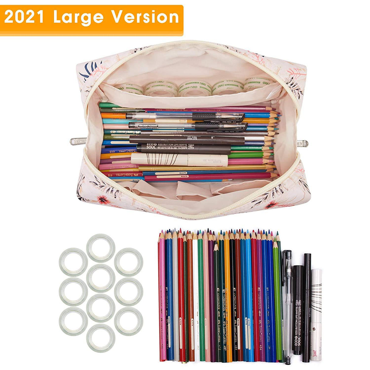 NARWEY - Bolsa de maquillaje grande con cremallera, organizador de cosméticos de viaje para mujeres y niñas (grande, pájaro beige)