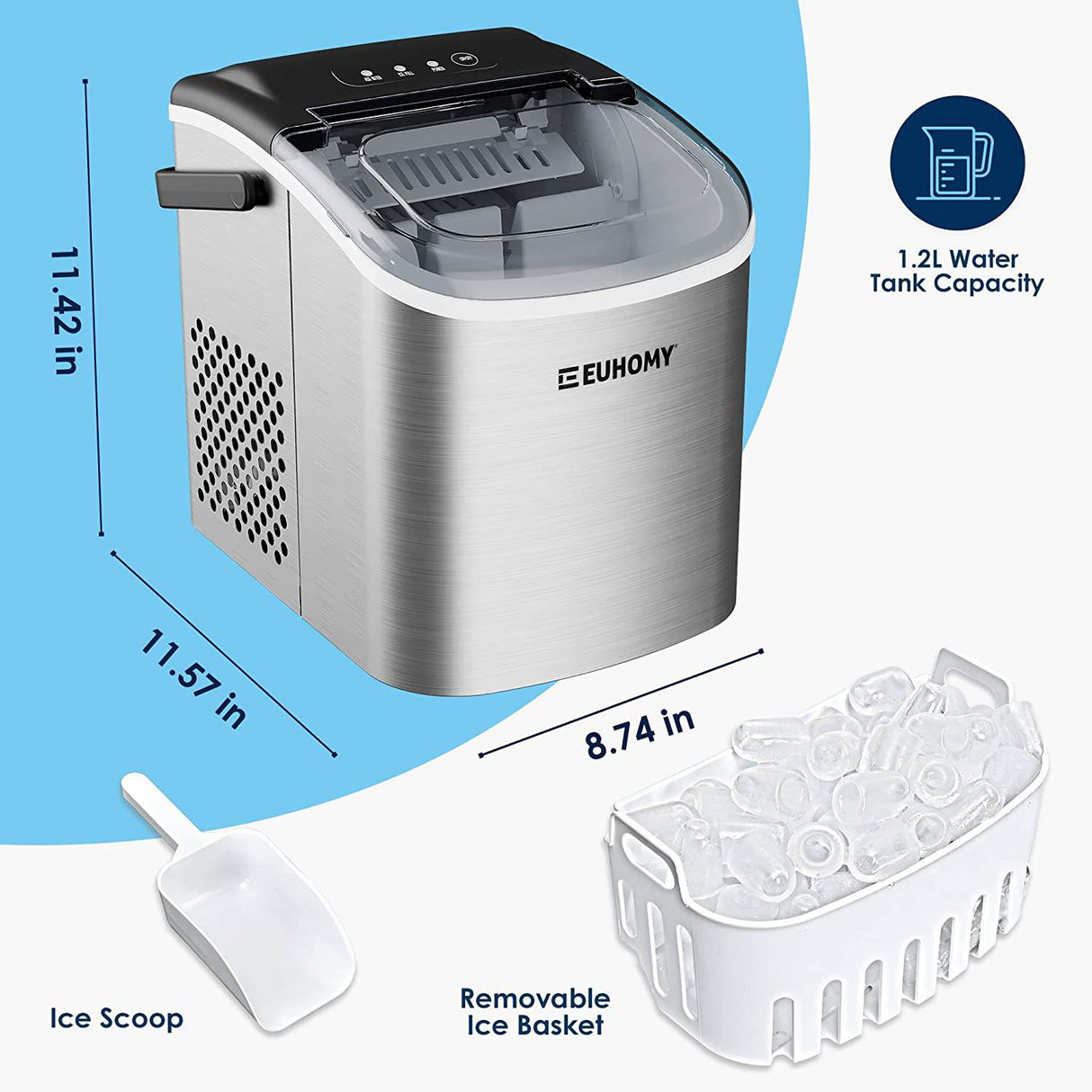 EUHOMY - Máquina para hacer hielo con asa, 26 lb/24 horas, 9 cubitos de hielo tipo bala listos en 6 minutos, limpieza automática, portátil con cesta y pala - DIGVICE MX