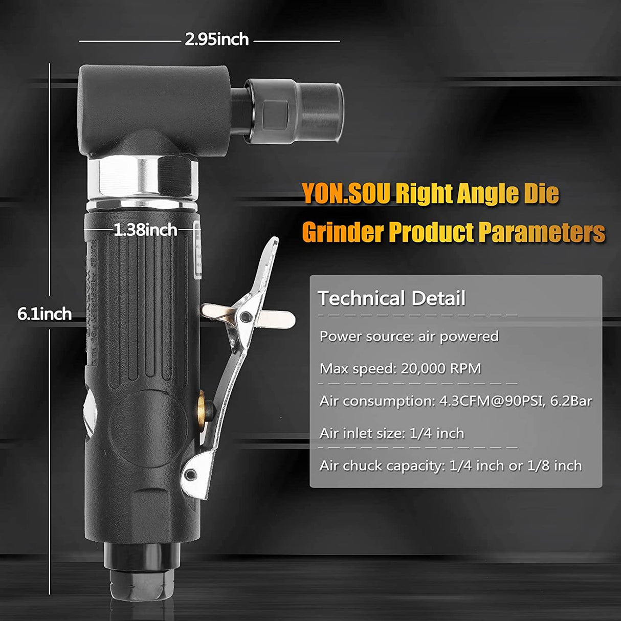 YON.SOU. Amoladora de troquel de aire - 1/4", ángulo recto, 20 000 RPM, potencia neumática, bloqueo de seguridad, 90 grados, mini, amoladora de troquel en ángulo para moler, pulir, cortar y más - DIGVICE MX