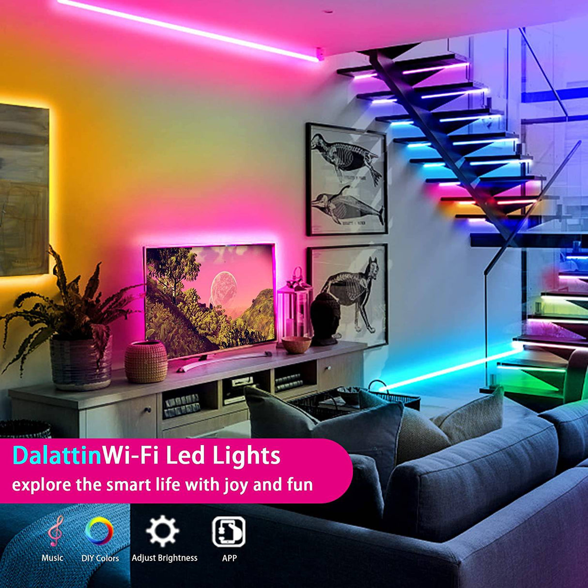 dalattin Smart WiFi tira de luces LED de 50 pies, 2 rollos de 25 pies, compatible con Alexa LED Lights Music Sync 5050 16 millones de colores que cambian la aplicación del teléfono y 24 teclas remotas para Roma, cocina - DIGVICE MX