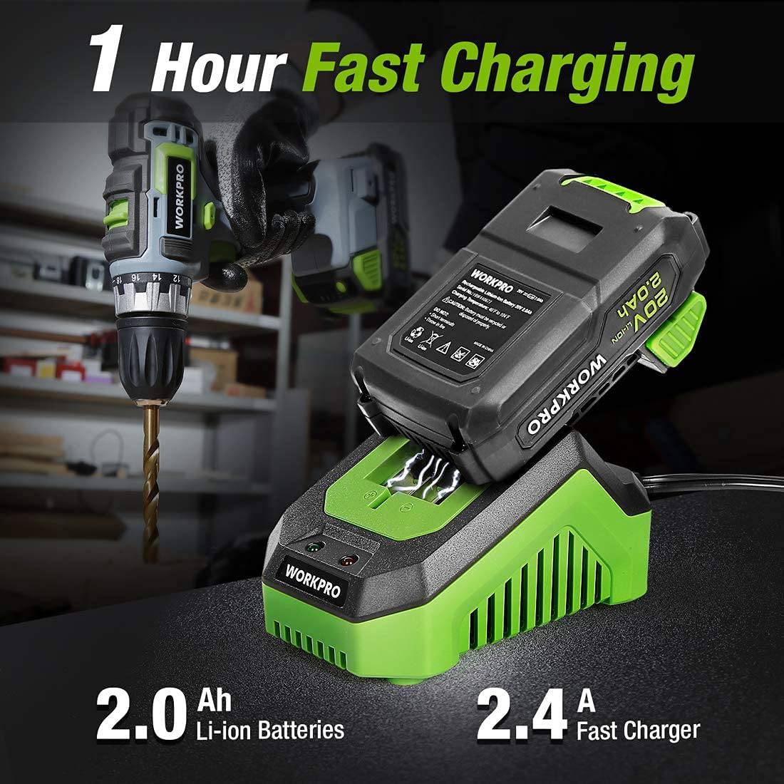 WORKPRO - Juego de taladro inalámbrico de 20 V, taladro y atornillador de impacto, con 2 baterías de 2 Ah y cargador rápido de 1 hora - DIGVICE MX