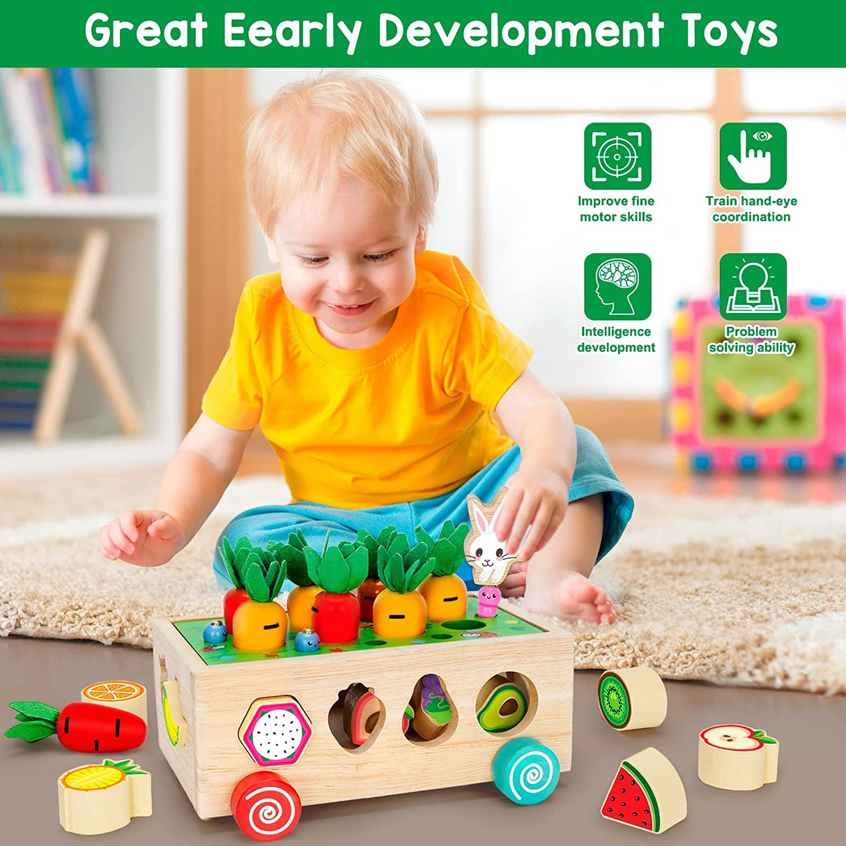 BAYSING Juguetes Montessori, juego de cosecha de zanahorias, juguetes de clasificación de formas de madera - ORA001