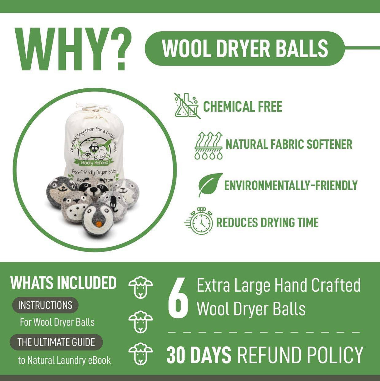 Wooly Heroes Bolas para secadora - 100 % lana orgánica - Sostenible y respetuosa con el medio ambiente - Seca 1000 cargas - DIGVICE MX