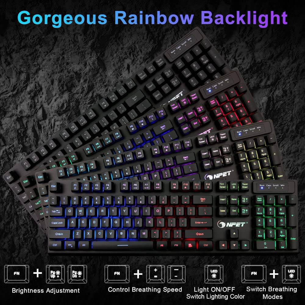 NPET K10 - Teclado para juegos, retroiluminación RGB, diseño resistente a derrames, teclas multimedia, teclado de membrana USB silencioso y silencioso para escritorio, computadora, PC (negro)