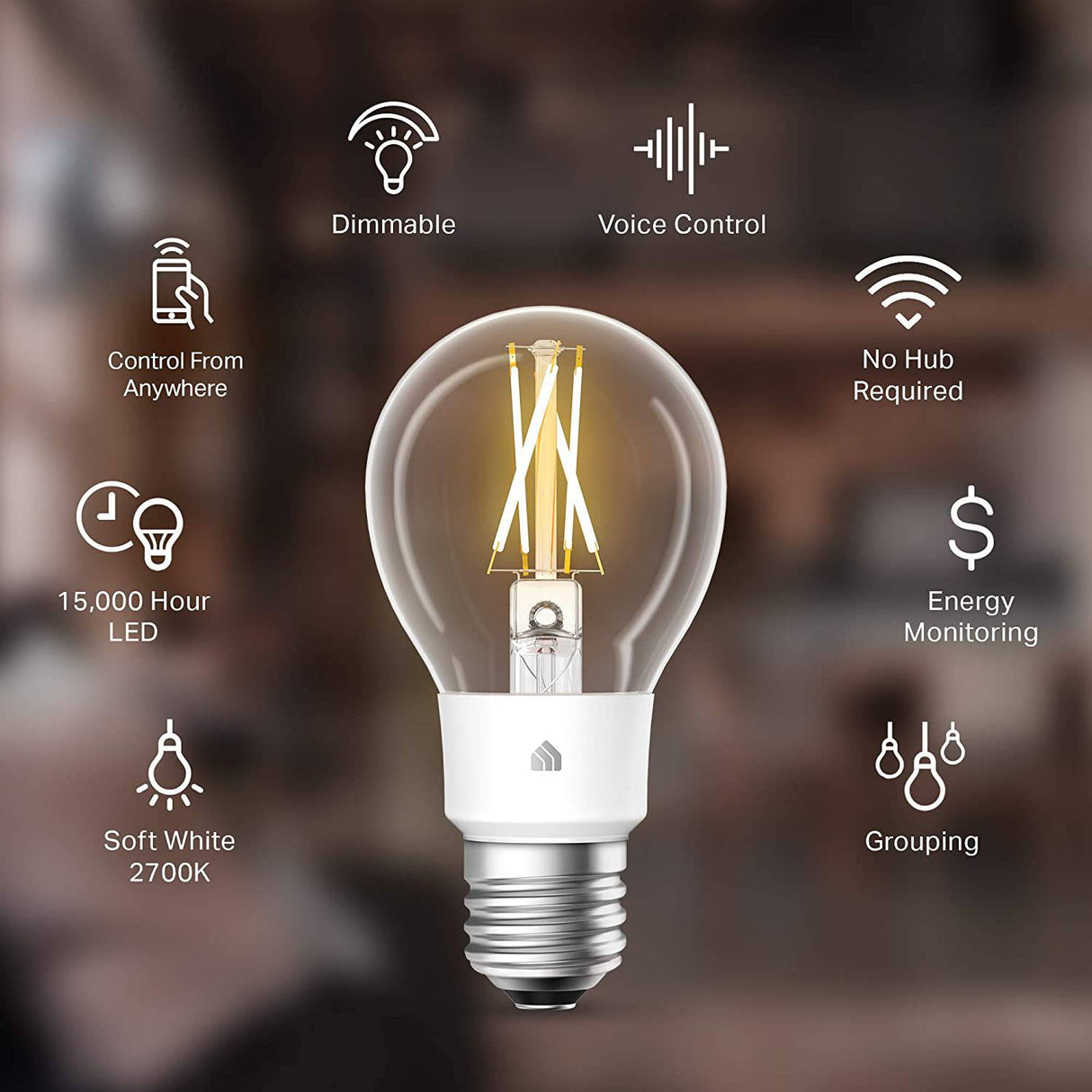 Kasa Smart Wi-Fi LED Bombilla, Filamento A19 E26 Bombilla inteligente, Blanco suave 2700K, Regulable, No requiere concentrador, Compatible con Alexa y Asistente de Google, Estilo antiguo vintage (KL50) - DIGVICE MX