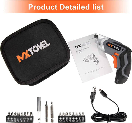 MXTOVEL 4V Kit de destornillador inalámbrico 2.0Ah Juego de destornilladores eléctricos recargables Pistolas de tornillo eléctrico Destornillador de batería para el hogar con 18 puntas y soporte para puntas, luz LED, cable USB, bolsa de transporte - DIGVICE MX