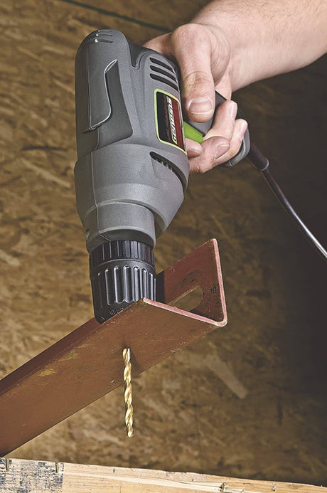 Genesis GD38B Taladro eléctrico reversible de velocidad variable con mandril sin llave de 3/8 pulgadas, clip para cinturón, agarre de goma y botón de bloqueo, gris/verde - DIGVICE MX